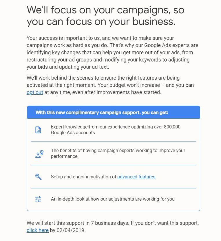 Screenshot of Google Ad's campaign support benefits.